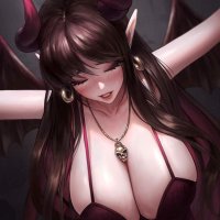 big boobs huge breasts fantasy girl brunette long hair demoness curvy closed eyes cleavage nuker anime anime girls horns chained chains necklace fantasy art pointy ears succubus artwork