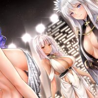 big boobs huge breasts cleavage blue hair white hair Rei Kun Massachusetts Azur Lane women trio looking over shoulder looking at viewer standing closed mouth smiling parted lips sideboob fingers interlaced hair