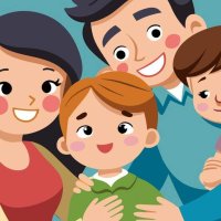 A cartoon illustration of a happy family including a mom dad daughter and son. They are all smiling and looking at the viewer. 47784773 Vector Art at Vecteezy