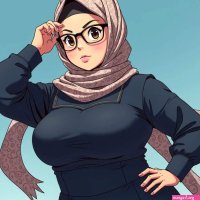 Chubby woman with hijab and glasses