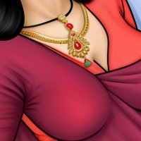 A cartoon of a woman in a sari and a man in a blue shirt