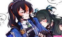 qingyi zenless zone zero zhu yuan zenless zone zero commentary english commentary highres translation request artist name badge black choker black gloves black hair blue jacket blush checkered necktie choker closed eyes