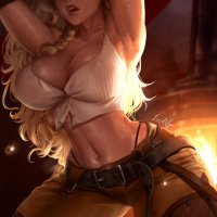 Gemma Monster Hunter Wilds video game girls video game characters thick body big boobs LumiNyu blonde wet body cleavage nipple bulge open mouth looking at viewer armpits long hair huge breasts blue