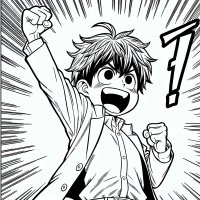 Manga-jongen steekt triomfantelijk zijn vuist in de lucht