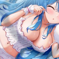 big boobs one eye closed blue hair cleavage long hair looking at viewer tears anime girls blushing yellow eyes pyjamas heart design